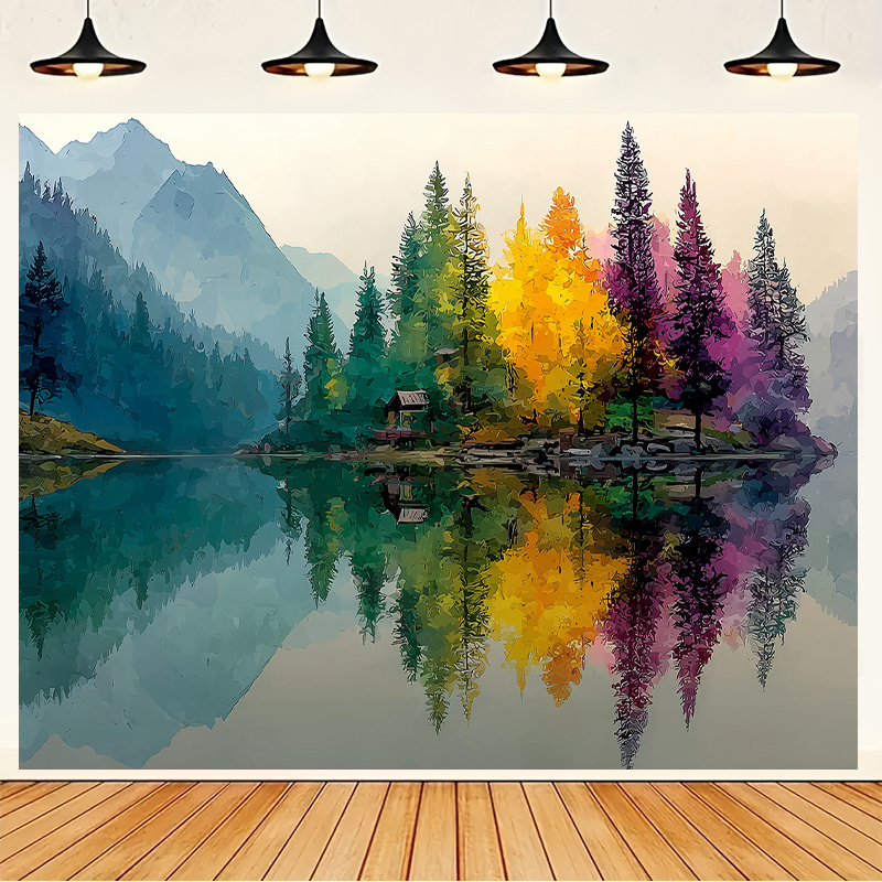 Interior Design With Wallpaper - ภาพจิตรกรรมฝาผนังทะเลสาบป่าที่มีสีสัน 2D HD การพิมพ์ภาพนามธรรมศิลปะธรรมชาติตกแต่งภายในบ้านการออกแบบตกแต่งภายในห้องนั่งเล่นวอลเปเปอร์
