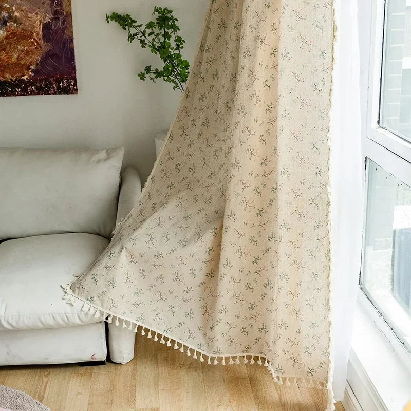 Linen Curtain Eyelet - ผ้าม่านลายดอกไม้ในบ้านไร่แบบกึ่งทึบม่านแขวนฝ้ายลินินแบบโบฮีเมียนผ้าม่านหน้าต่าง1แผงพู่ห้อยกระเป๋าก้านสีเบจ