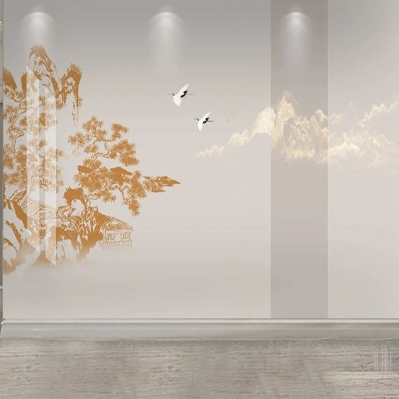 Interior Design With Wallpaper - Elegant จีนมือวาด Pine & Crane ภาพจิตรกรรมฝาผนังวอลล์เปเปอร์