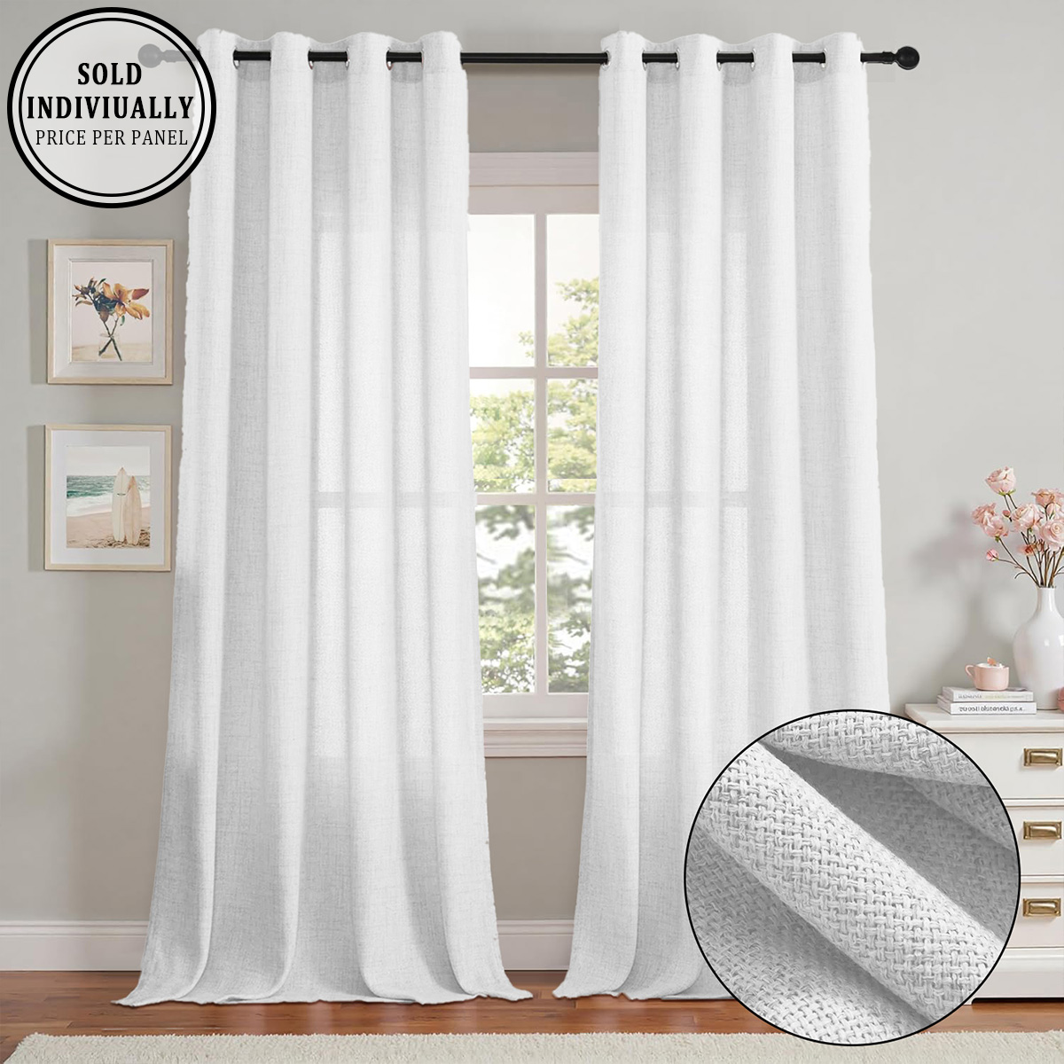 Linen Curtain Eyelet - ผ้าม่านโปร่งเนื้อผ้าลินินเทียมสไตล์โบฮีเมียนสีพื้น 1 ชิ้น, แบบร้อยตาไก่, นุ่มและหนา, ตกแต่งอย่างเป็นธรรมชาติ,