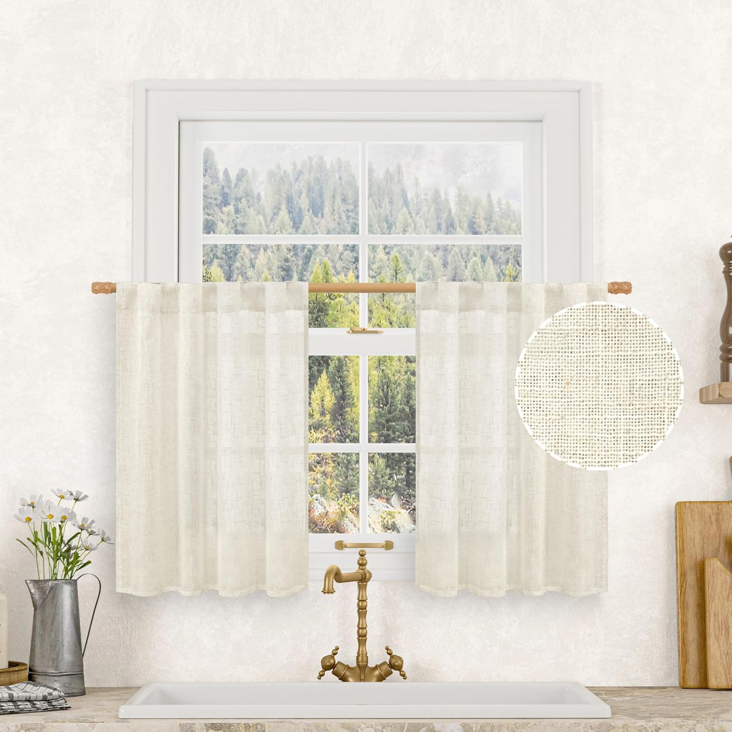Linen Roller Blind - 2PC สั้นผ้าลินินผ้าม่านห้องครัว 36 นิ้วความยาวสําหรับครึ่งหน้าต่าง, ครีมงาช้าง Rod